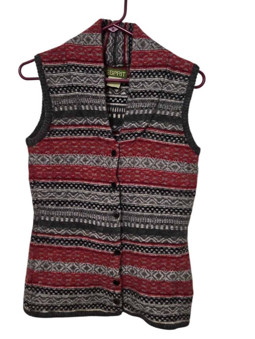 Esprit Red Gray & Black Fair Isle 100% Wool Sweater Vest Vintage Sz L Womens